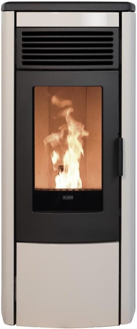 Poêle à granulés klover aura 80 multi-air coloris Perla avec système de ventilation canalisable et contrôle Wi-Fi intégré.