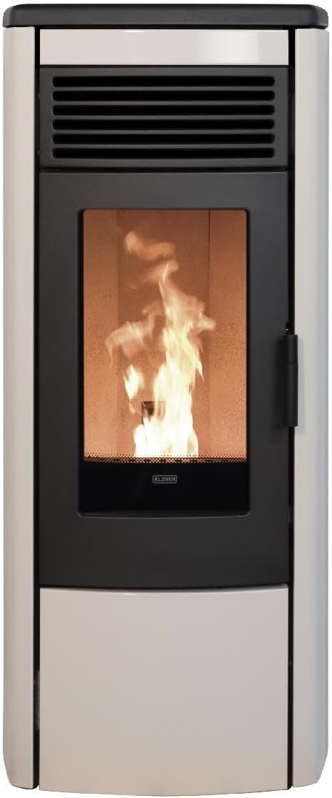 Poêle à granulés klover aura 80 multi-air coloris Perla avec système de ventilation canalisable et contrôle Wi-Fi intégré.