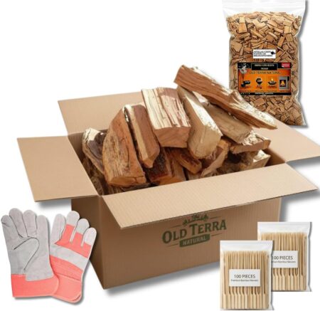 Kit bois premium 10 kg old terra natural avec bûches de chêne, copeaux de bois fruitiers et gants en cuir pour cheminée, barbecue et four à pizza.