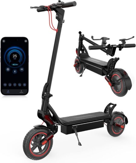Trottinette électrique adulte iScooter W8 pliable avec pneus antidérapants, suspension à ressort, écran LCD et autonomie de 45 km pour usage urbain et tout terrain.