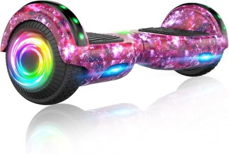 Hoverboard LED auto-équilibrant avec roues lumineuses LED et technologie d’équilibre actif pour une conduite stable et ludique pour enfants et adultes.
