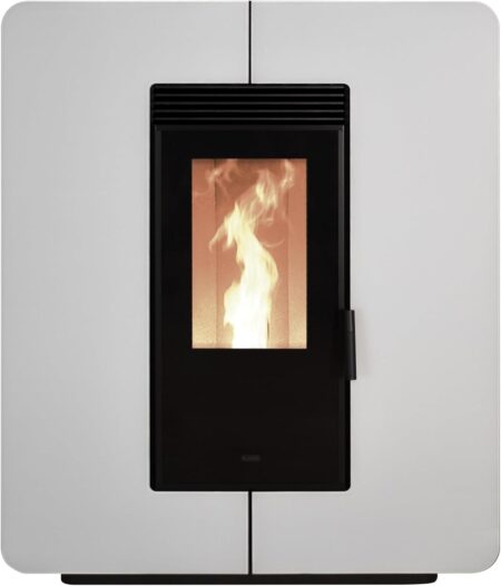 Poêle à granulés klover astra multi-air glass blanc avec façade en verre et système de chauffage canalisable haute performance.