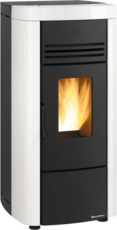 Poêle à granulés extraflame angela evo blanc 8 kw en acier allié avec design moderne et haute efficacité énergétique pour chauffage domestique.
