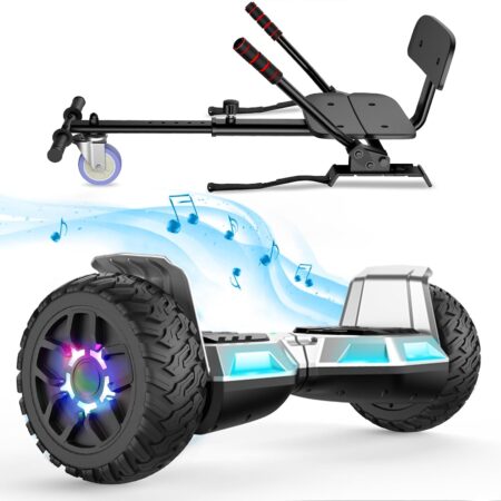 Hoverboard tout-terrain 8,5 pouces SISIGAD avec go-kart et Bluetooth pour enfants et adultes offrant une conduite stable sur différents types de surfaces.