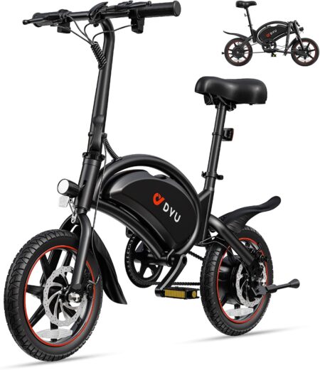 Vélo électrique pliant 14 pouces DYU D3S noir avec cadre compact pliable, autonomie de 40 km et freins à disque.