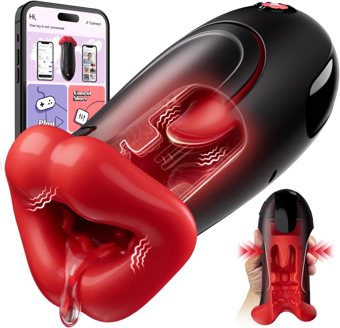 Image d’un masturbateur homme connecté app noir Misiuya en silicone réaliste avec contrôle via application mobile et design ergonomique moderne.
