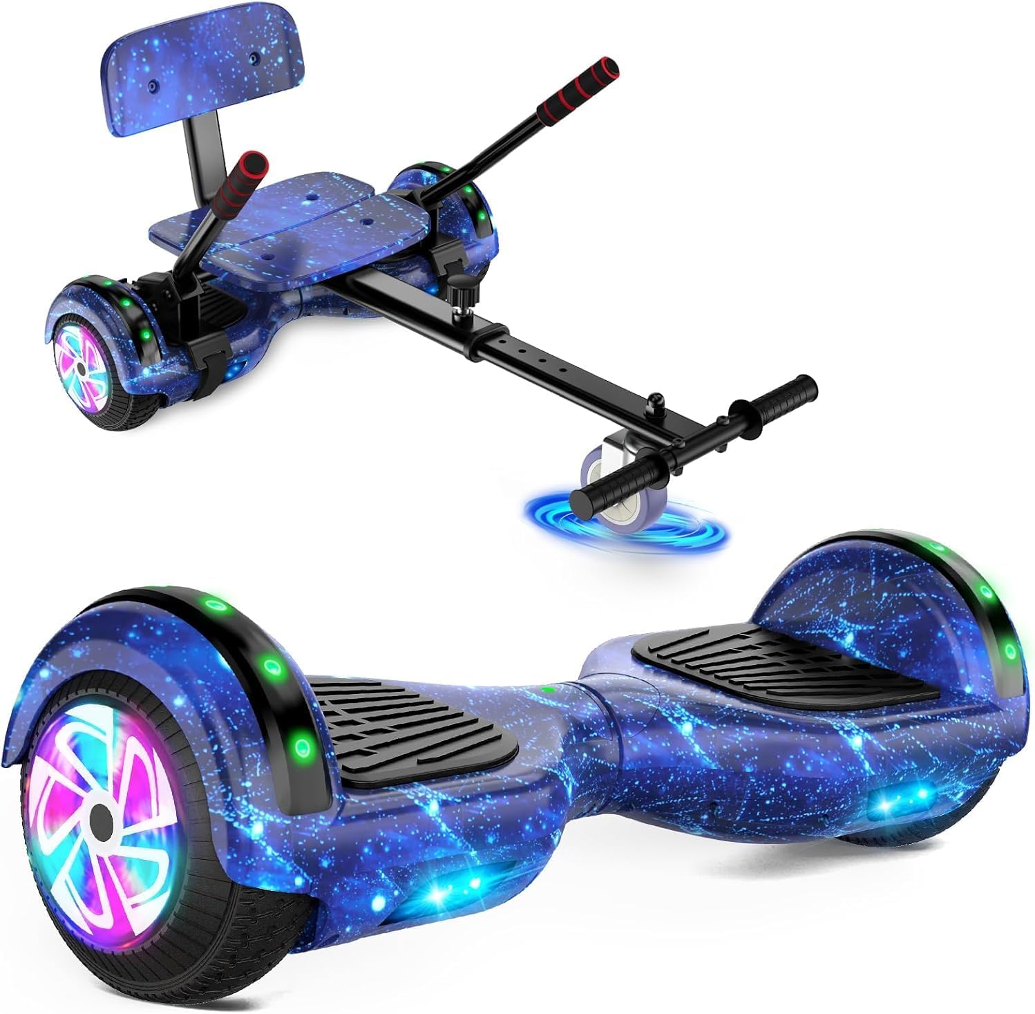 Hoverboard 6,5 pouces SISIGAD bleu ciel étoilé avec siège, Bluetooth, LED et système auto-équilibré pour enfants et adultes.