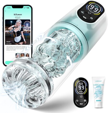 Image d’un masturbateur masculin automatique IA cyan avec écran LED, conception ABS et TPE, offrant 9 modes de stimulation et contrôle intelligent.