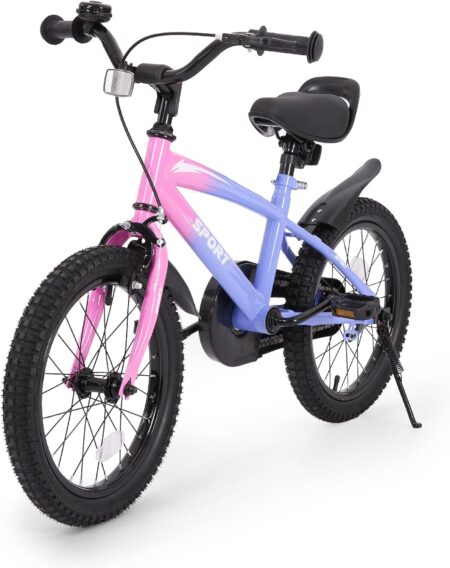 Vélo enfant 16 pouces BODIOO violet dégradé avec roues stabilisatrices, siège réglable, frein à main et frein à rétropédalage pour apprentissage sécurisé.