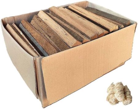 Sac de bois d’allumage en chêne sec 8 kg avec bûchettes de 25 cm et allume-feux naturels pour cheminée, barbecue et four à pizza.
