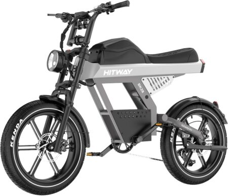 Vélo électrique tout-terrain 20 pouces HITWAY équipé de pneus larges 20 x 4,5 pouces, batterie 48V 25Ah et freins hydrauliques pour une autonomie jusqu'à 100 km.