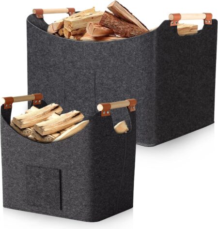 Lot de paniers à bois de chauffage en feutre KATLKIU 2 pièces avec poignées bois pour rangement et transport de bûches près de la cheminée.