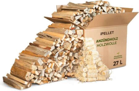 Bois d’allumage en pin iPELLET 27 L avec allume-feux en laine de bois pour cheminée, barbecue et four, produit naturel pour allumage rapide et efficace.