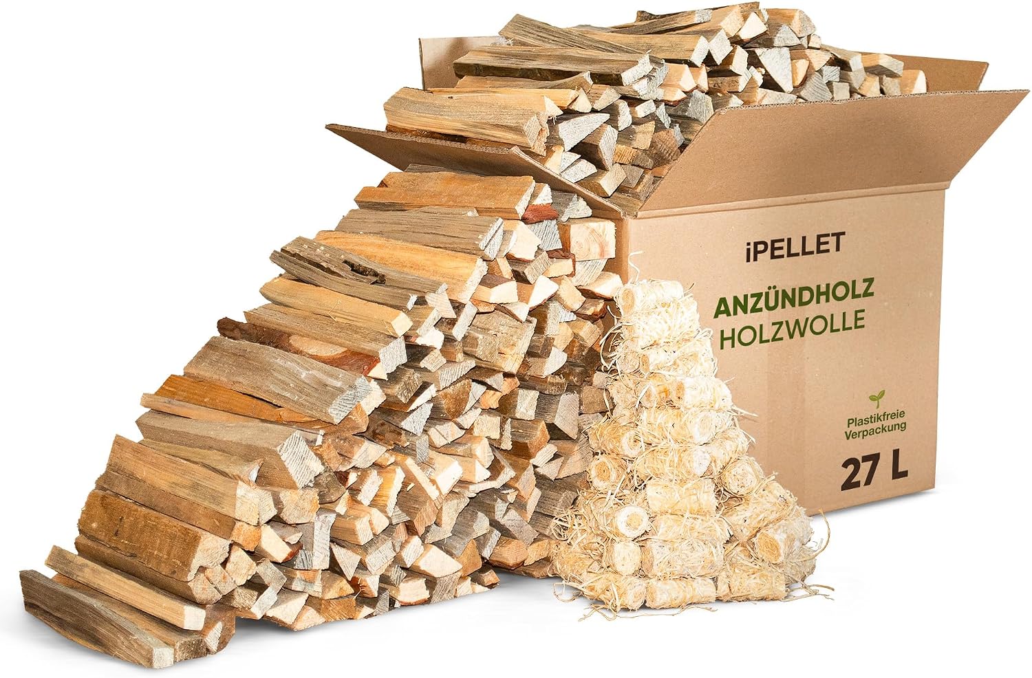 Bois d’allumage en pin iPELLET 27 L avec allume-feux en laine de bois pour cheminée, barbecue et four, produit naturel pour allumage rapide et efficace.