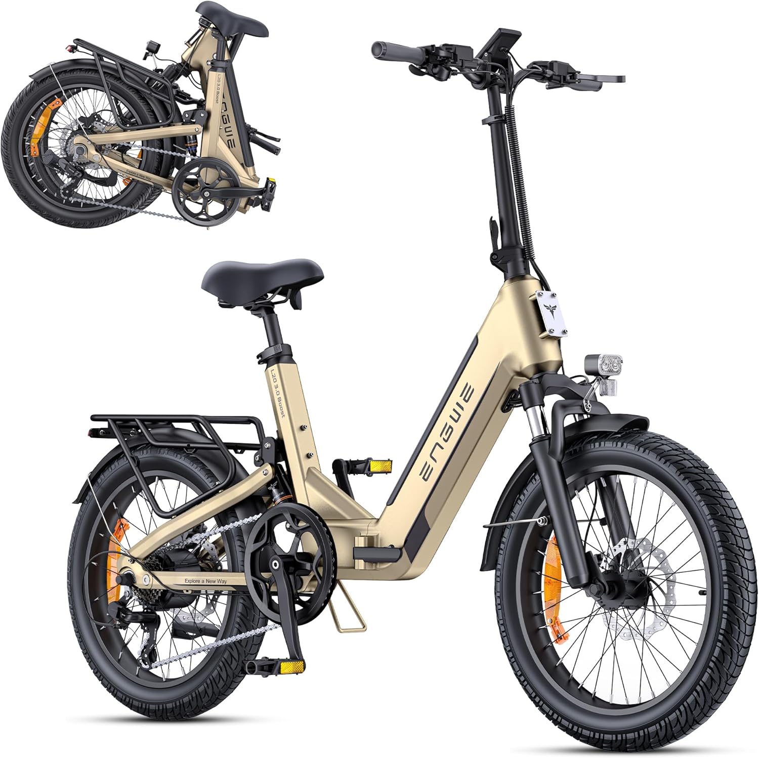 Vélo électrique ENGWE autonomie 160 km connecté avec batterie 48 V 15 Ah, pneus 20 x 3.0 et freins hydrauliques pour les trajets urbains et longue distance.