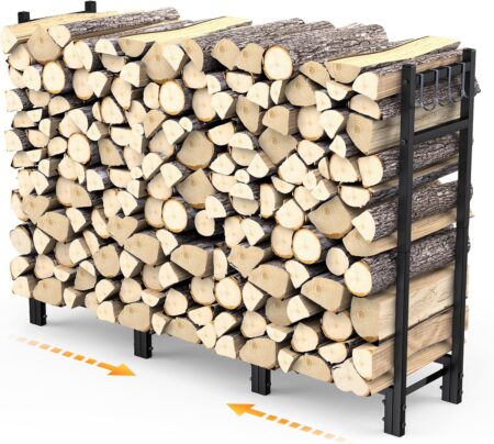 Étagère à bois de cheminée en métal réglable FRONDENT noir avec crochets pour rangement de bûches intérieur et extérieur jardin cheminée.