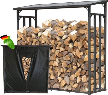 Support de bois de chauffage QUICK STAR 143x70x145 cm en métal pour stockage de bûches en extérieur avec protection contre les intempéries.