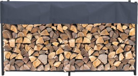 Étagère à bois de cheminée QUICK STAR en métal avec housse gris anthracite 200 cm pour stockage et protection des bûches en intérieur et extérieur.