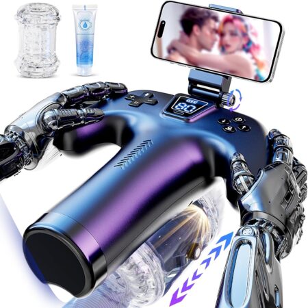 Image d’un masturbateur homme avec support téléphone noir Yotcoc avec système de va-et-vient, boutons de contrôle et design réaliste ergonomique pour usage intime.