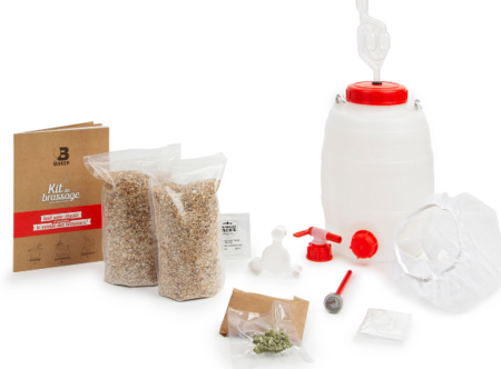 Kit tout grain complet avec cuve de brassage, fermenteur et accessoires pour réaliser facilement une bière artisanale maison.