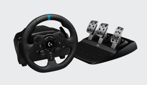 Volant Logitech G923 avec pédalier pour simulation automobile immersive et expérience de conduite réaliste.