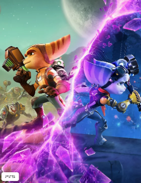 Jaquette du jeu ratchet et clank rift apart sur PlayStation 5 montrant les héros dans une aventure dimensionnelle spectaculaire.