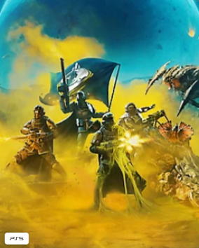 Bannière officielle de helldivers 2 jeu PlayStation 5 montrant une équipe de soldats affrontant des machines de l'oppression dans un environnement futuriste.