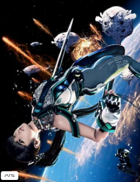 Illustration du jeu stellar blade montrant l'héroïne dans un univers futuriste avec des ennemis et des effets visuels spectaculaires.