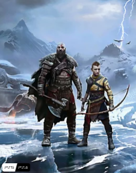 Illustration du jeu god of war ragnarök montrant Kratos et Atreus dans un environnement inspiré de la mythologie nordique.
