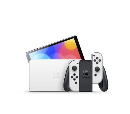 Nintendo Switch OLED avec écran lumineux et contrôleurs Joy-Con pour une expérience de jeu immersive.