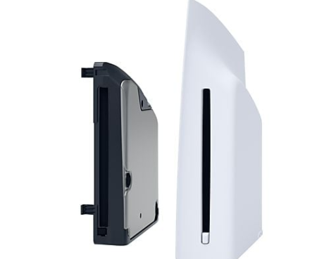Image du lecteur de disque ps5 installé sur une console PS5 édition numérique, montrant un accessoire gaming compatible et discret.
