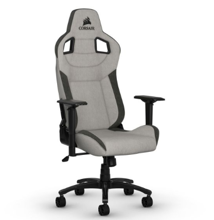 Un siège gamer corsair t3 rush en tissu gris élégant installé dans un setup gaming moderne avec éclairage LED.