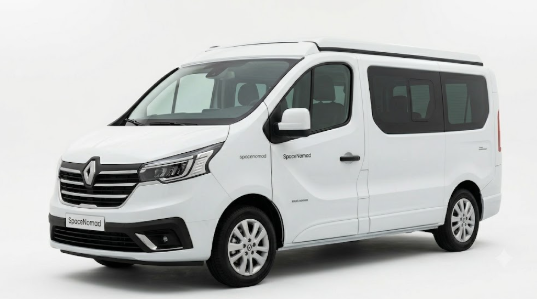 Renault Trafic SpaceNomad van compact 2026 équipé d'un toit relevable et d'un espace de vie moderne pour les voyages et le camping.
