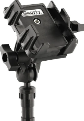 Support Scotty 139 installé sur un rail de jet ski maintenant un smartphone en position sécurisée pour navigation marine et utilisation en mer.
