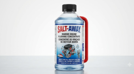 Spray rinçage moteur Salt-Away 1L utilisé pour nettoyer et protéger un moteur de jet ski contre le sel après navigation en mer.