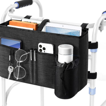 Sac de rangement Rhino Valley étanche pour déambulateur fixé sur un rollator avec plusieurs compartiments pour transporter les effets personnels en toute sécurité.