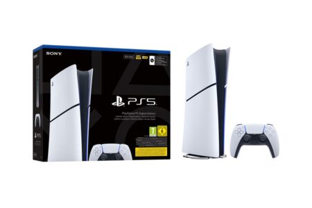 Vue de la playstation 5 slim avec son design compact, sa manette sans fil et son système de jeu haute performance.