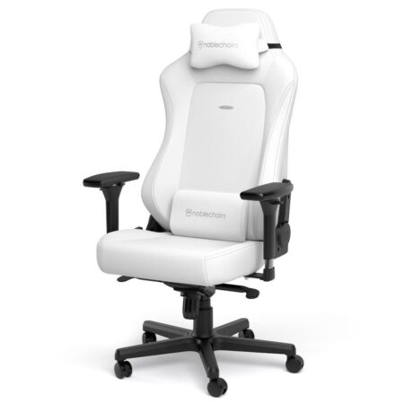 Un siège gaming noblechairs edition hero blanc élégant installé dans un espace de travail moderne avec éclairage doux.