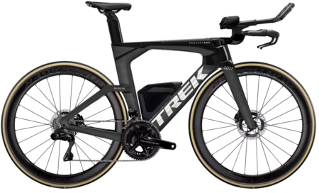 Vélo trek speed concept slr 9 en carbone noir et bleu conçu pour le triathlon et la performance aérodynamique sur route rapide.