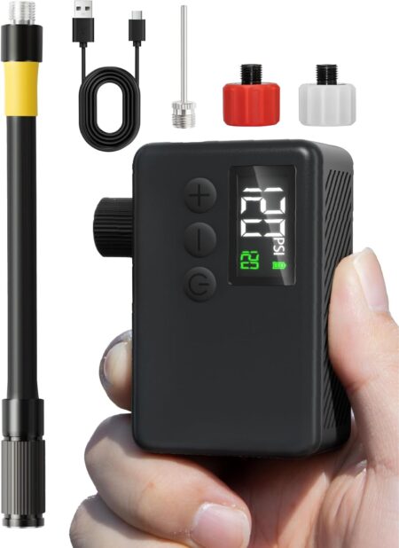 Pompe à vélo électrique GPUTEK portable avec arrêt automatique, éclairage LED et compatibilité avec valves Presta et Schrader pour vélos électriques et VTT.