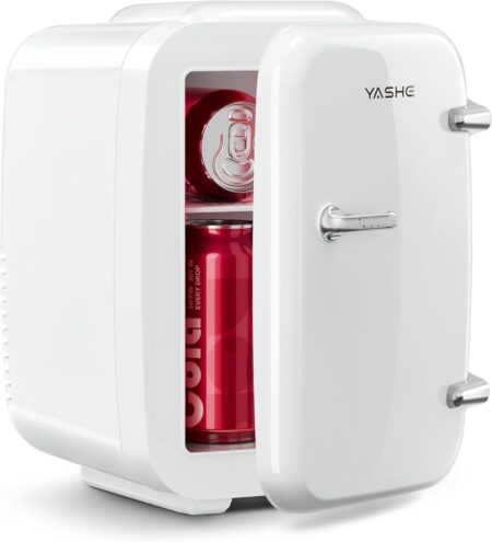 Photo du mini frigo de chambre 4l YASHE compact blanc avec fonction chaud et froid, idéal pour boissons et cosmétiques en chambre ou bureau.