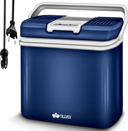 Image de la glacière électrique tillvex 24 l avec fonction refroidissement et chauffage, alimentation 12 V 230 V et design compact pour camping et voiture.