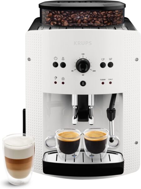 Expresso broyeur Krups Essential EA810570 blanche avec broyeur à grains intégré, buse vapeur et double sortie café pour préparer deux expressos simultanément.
